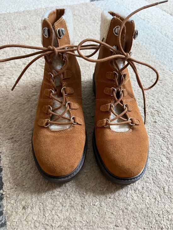 Marc Fisher Shoes - Marc Fisher Women’s Tan Suede Lace-Up Ankle Boots with Shearling Trim- 7.5